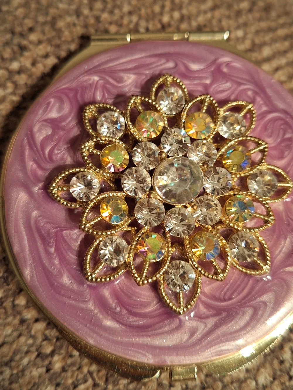 Vintage Gold Crystal Flower Compact Mirror in Purple